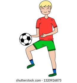 Cartoon image of a boy, child or kid who plays the ball. Vector image of a football player. Healthy lifestyle, sports, active games.