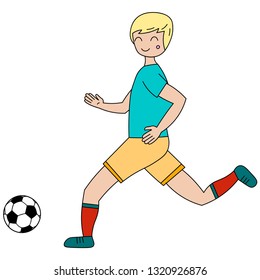 Cartoon image of a boy, child or kid who plays the ball. Vector image of a football player. Healthy lifestyle, sports, active games.