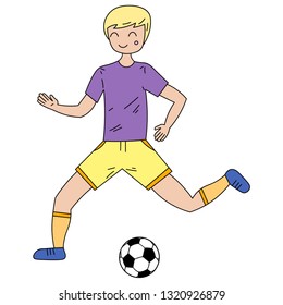 Cartoon image of a boy, child or kid who plays the ball. Vector image of a football player. Healthy lifestyle, sports, active games.