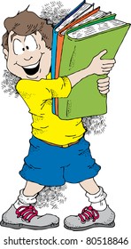Cartoon image of a boy holding a bunch of books ready for school.