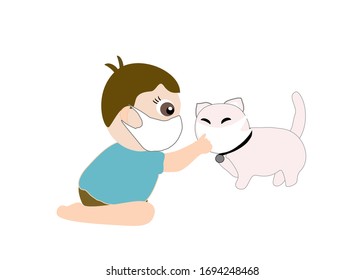 The cartoon image of a boy playing with a cat and wearing a mask to protect against the corona virus.Vector.