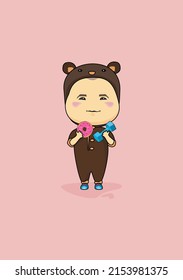 Cartoon image of a boy in a teddy bear costume with dumbbells and a doughnut in his hands on a pale pink background