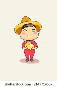 Cartoon image of a boy wearing pink clothes and a sombrero hat, holding a yellow piggy bank on a light-coloured background.