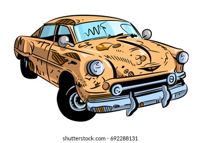 Cartoon image of broken down car cartoon. An artistic freehand picture.