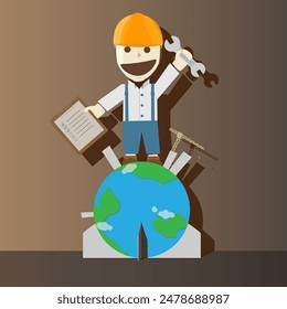 A cartoon image of a builder, in the form of a figurine standing on a table. The figurine depicts a character standing on the planet Earth, symbolizing a world-renowned construction company.