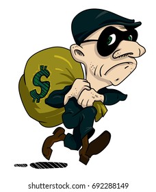 Cartoon image of burglar with loot bag. An artistic freehand picture.