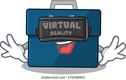 A cartoon image of business suitcase using modern Virtual Reality headset