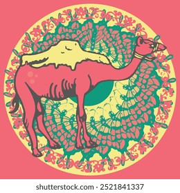 cartoon image of camel with unique background in vintage colours