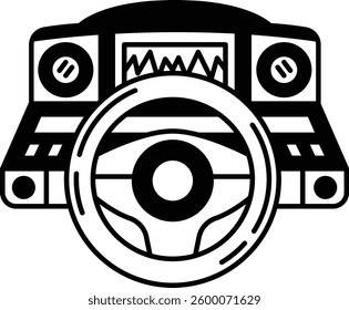 A cartoon image of a car steering wheel with a background