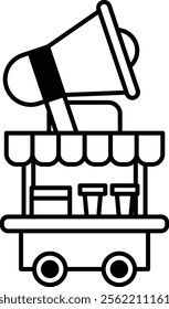 A cartoon image of a cart with a large speaker on top