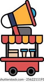 A cartoon image of a cart with a large speaker on top