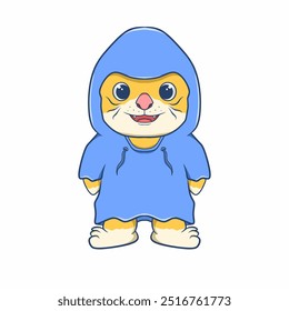 cartoon image of a cat with a blue jacket, vector format image that can be used for screen printing t-shirts, stickers and screen printing onto wrapping paper and can make logos