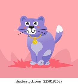 Cartoon image of a cat on a pink background.  Art wall. Drawings for children. Kindergarten. Print. Children's book. Clipart.  