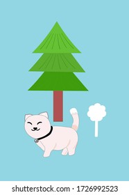 Cartoon image of cat, pine tree, flowers on a blue background