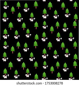 Cartoon image of cat, pine tree, flowers on black background