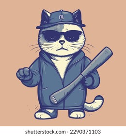 A cartoon image of a cat wearing a hat and sunglasses vector illustration animal character concept
