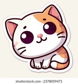 Cartoon Image of a Cat, white with orange stripes. Looking up, smiling, caricature, cute kitty. Cute-faced children's room decoration. Ligh neutral background