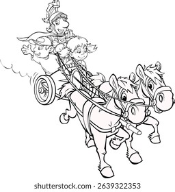 Cartoon image of a chariot,  Roman warrior, and two children. Black and White for coloring.