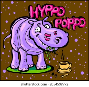 Cartoon image of a cheerful lilac hippo with a cup of tea and a branch in his mouth