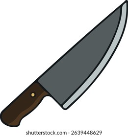 Cartoon image of a chef's knife with a wooden handle and a gray blade.