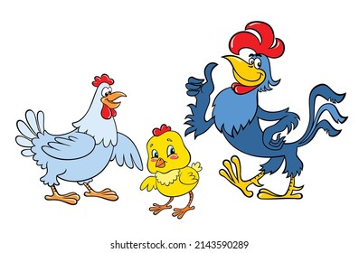 Cartoon image of a chicken family. Rooster dad with hen mom and chick son. Color vector image of a hen, rooster and chick.