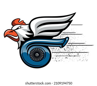 Cartoon Image Of A Chicken Riding A Turbo Engine. Isolated On White Background.