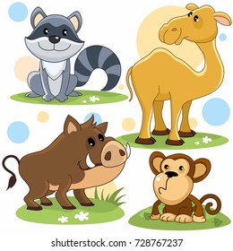 Cartoon image for children of raccoon, camel, wild boar and monkey.