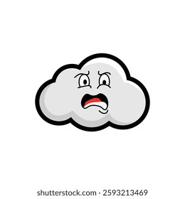 Cartoon image of a cloud with an angry face expression, featuring wide eyes and an open mouth, perfect for weather-related designs and illustrations.