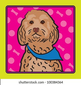 A cartoon image of an Cockapoo dog, created in the folk art tradition.