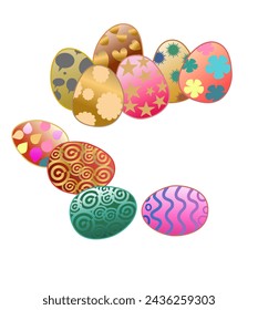 Cartoon image of colorful Easter eggs. There are cute patterns.
