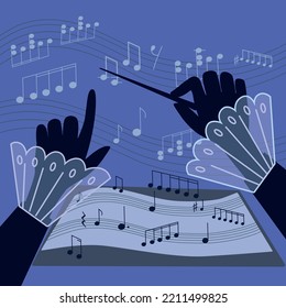 Cartoon image of conductor's hands and musical notes.