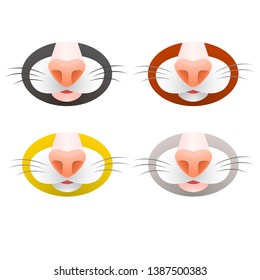 Cartoon image of a cute animal nose with a mustache, in four colors. Vector