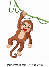 cartoon image of cute monkey playing vine island ,Children's illustrations , editable vector images