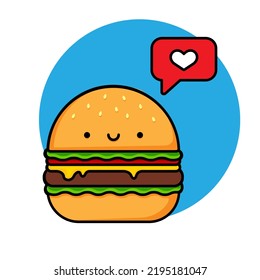 Cartoon image of a cute smiling burger. Red notification with heart icon. Food illustration. Vector illustration