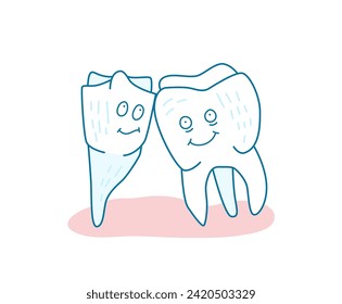 Cartoon image with a cute tooth character. Healthy and good teeth. Children's dentistry, kids hospital concept. Vector illustration in outline style on a white background