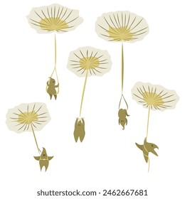 Cartoon image of dandelion seeds in the form of funny men trapeze artists on a white background