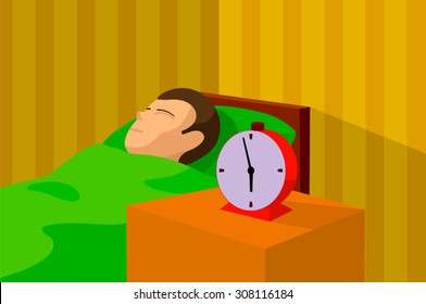 cartoon image with a dark-haired man sleeping
in bed under green blanket, in a room with 
striped wallpaper and bedside-table with red alarm-clock on it 