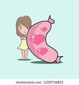 cartoon image as decoration element, image of a girl hugging a bolster pillow.vector