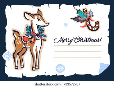 Cartoon image of deer and candy. Freehand drawn image template poster, banner for happy new year and merry christmas party. Sketch vector illustration.