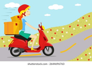 Cartoon image of a delivery man in a red helmet riding a red scooter with orange boxes along a road strewn with colorful flowers under a blue sky with clouds.