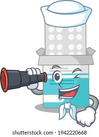 A cartoon image design of medical medicine bottle Sailor with binocular. Vector illustration