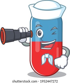 A cartoon image design of pills drug Sailor with binocular. Vector illustration