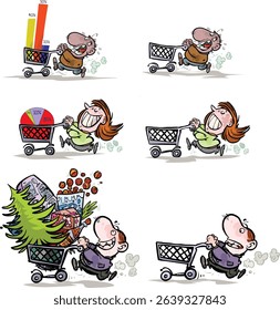 Cartoon image of different shoppers with empty carts and statistics. All on separate layers.
