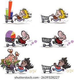 Cartoon image of different shoppers with empty carts and statistics. All on separate layers.
