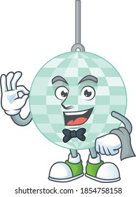 A cartoon image of disco ball as a waiter character ready to serve. Vector illustration