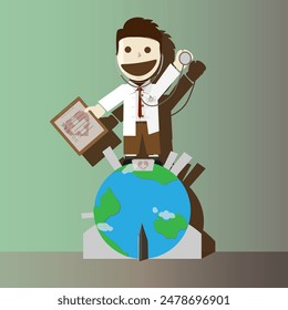 A cartoon image of a doctor (healthcare worker) in the form of a figurine standing on a table. The figurine depicts a character standing on the planet Earth, symbolizing a world-renowned medical clini