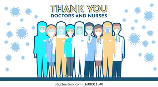 Cartoon image of doctors and nurses for postcard. Thank you doctors and nurses working in the hospitals and fighting the coronavirus, vector illustration