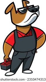 Cartoon image of a dog in a work uniform with a tool box. Isolated, white background.