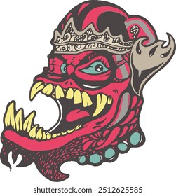 cartoon image of evil giant head called buto cakil in javanesse belief