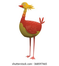 Cartoon image of a fantasy beautiful tropical bird with bright yellow-orange-red-green (rainbow) feathers and small tail standing and smiling enigmatically on a white background. Vector illustration.